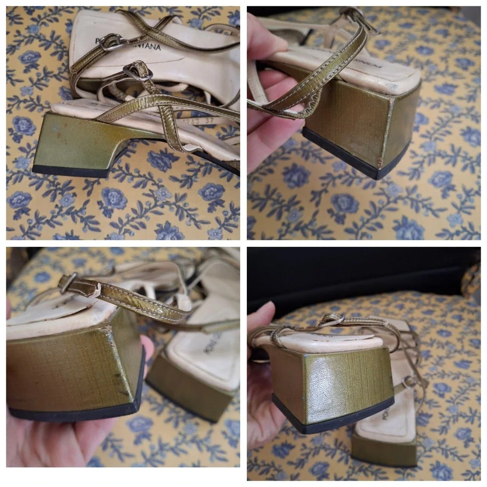 Y2K Vintage Pons Quintana Olive Square Toe Luxury‎ Block Heel Strappy Sandals 37